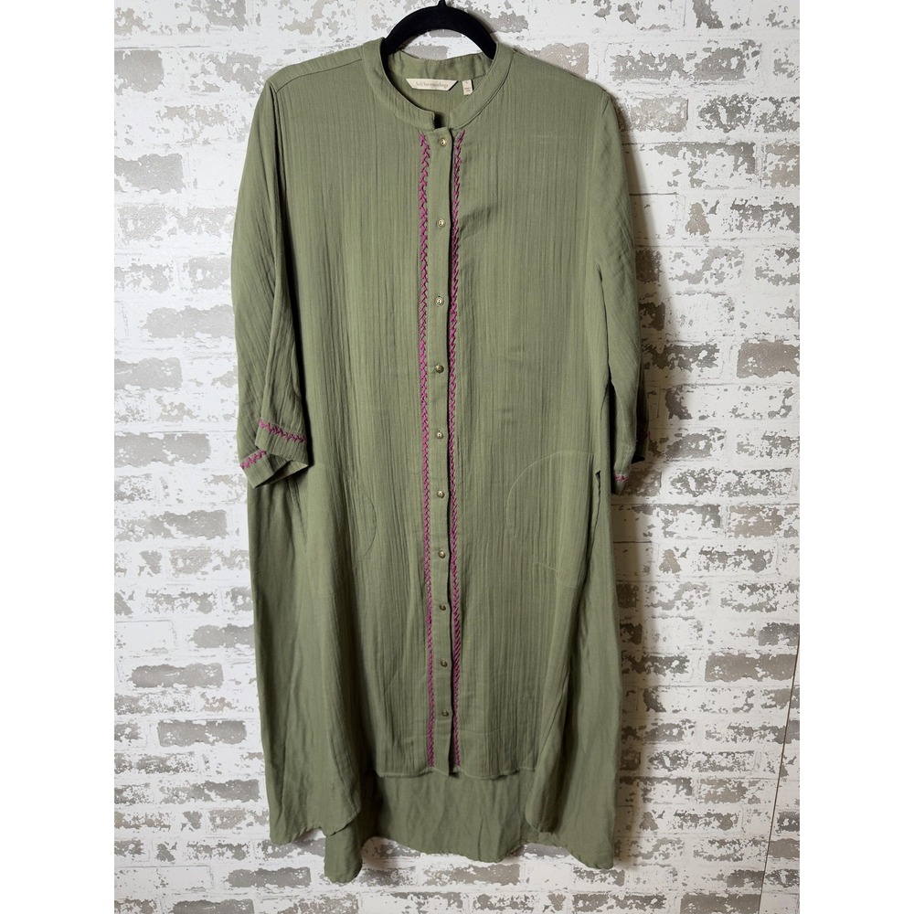 Soft Surroundings Shirt Dress Womens Large Olive Green Embroidered Tassel 2CW94‎